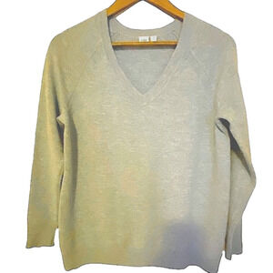 GAP Sage green soft wool nylon blend v neck with seam details.